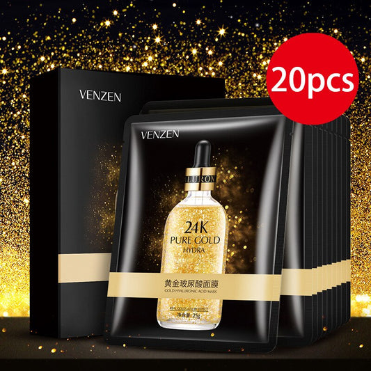 20Pcs 24K Gold Hyaluronic Acid Facial Mask Essence Sheet Mask Oil-Control Anti-Aging Moisturizing Hydrating Brighten Skin Care