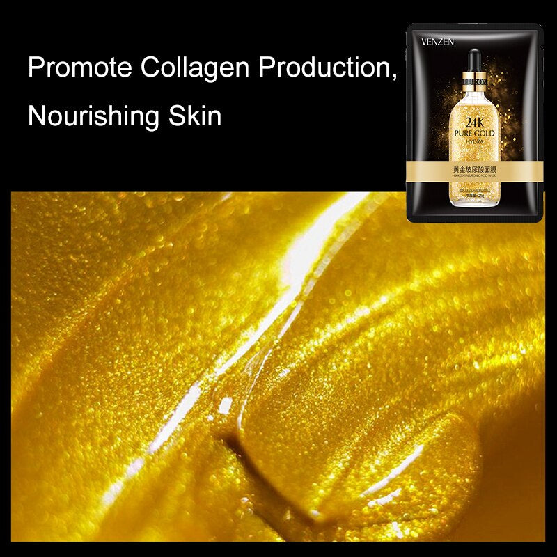 20Pcs 24K Gold Hyaluronic Acid Facial Mask Essence Sheet Mask Oil-Control Anti-Aging Moisturizing Hydrating Brighten Skin Care