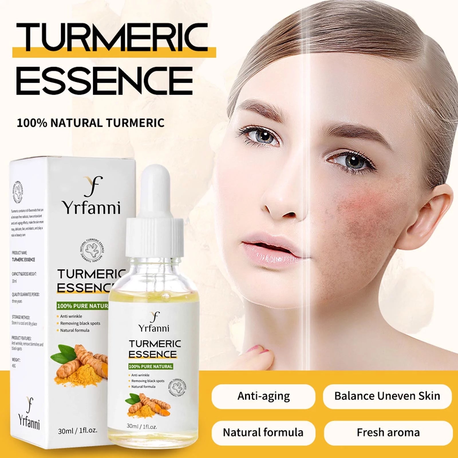 Turmeric Essence Can Mildly Moisturize the Face, Fade Fine Lines, and Whiten Aging Skin 30Ml Serum for Face Dark Spot Corrector Face Serum anti Aging