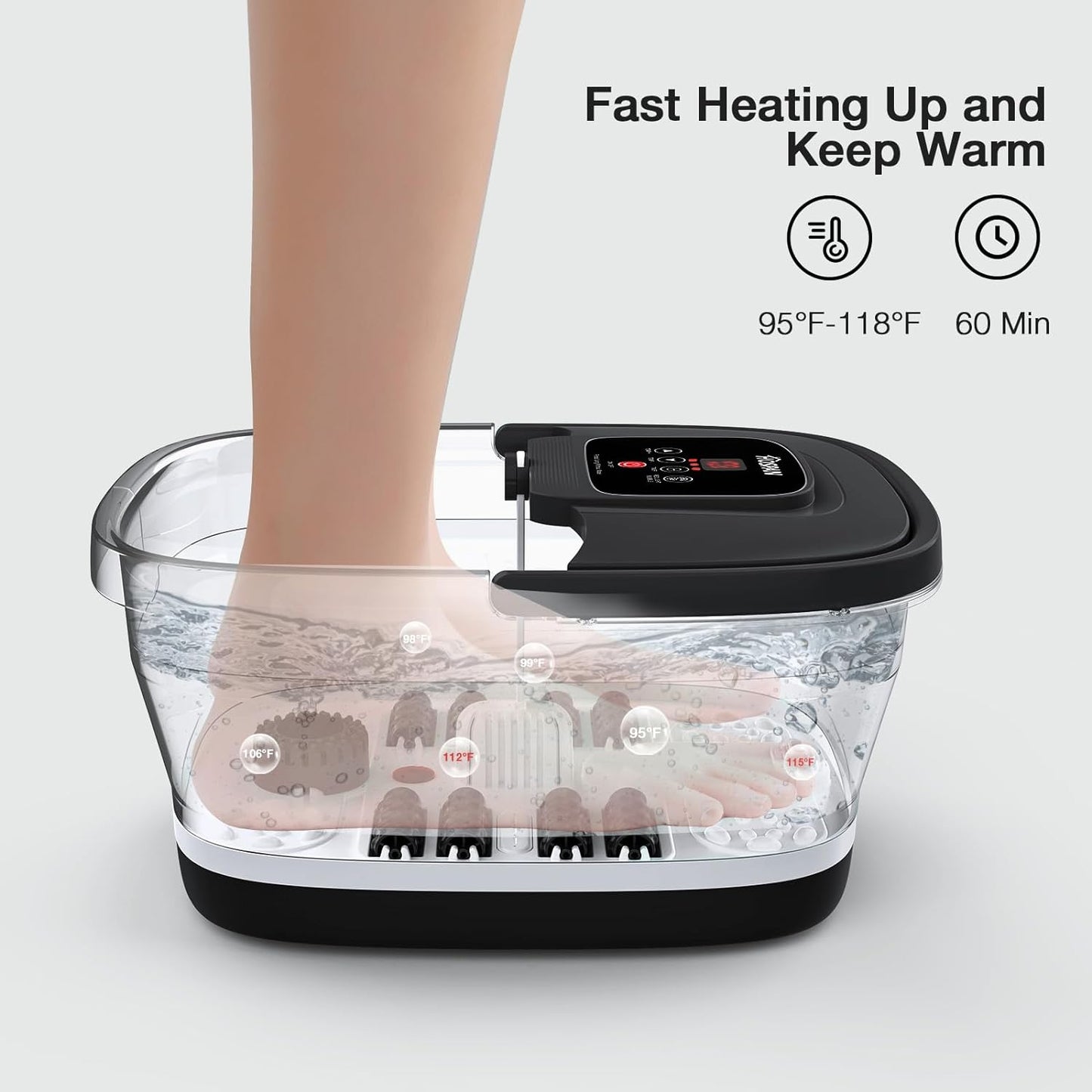 Collapsible Foot Spa with Heat, Bubble, Red Light, and Temperature Control, Foot Bath Massager with 8 Shiatsu Massage Rollers, Pedicure Foot Spa for Relaxation and Stress Relief, Black