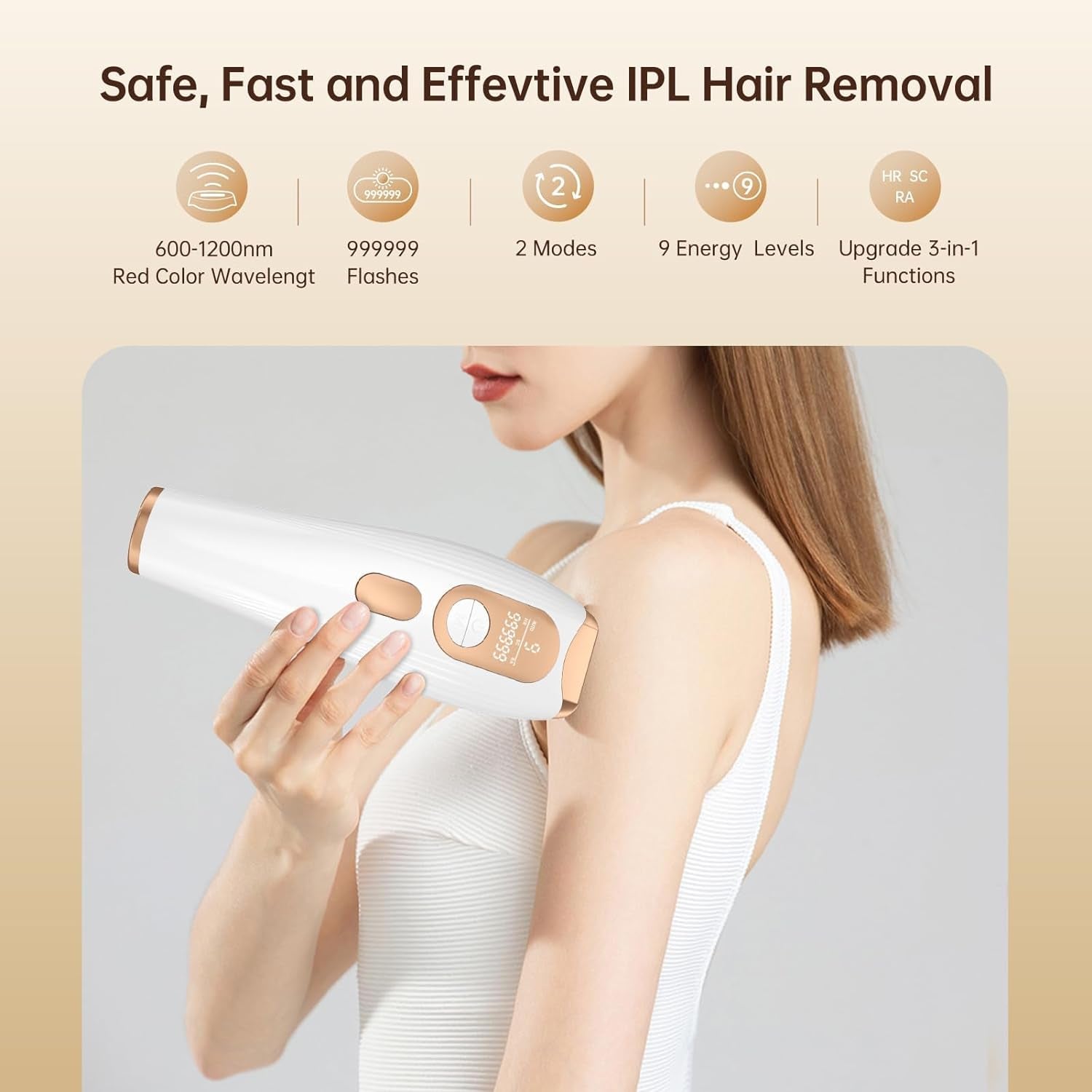 Laser Hair Removal, IPL Laser Hair Removal for Women and Men Permanent, 999999 Flashes, At-Home Hair Removal Device for Facial Legs Arms Whole Body Use (White Gold)